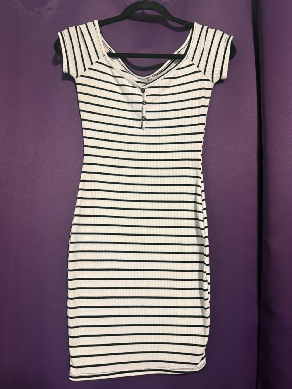 Black & White Striped Ribbed Mini Dress with Button Front
